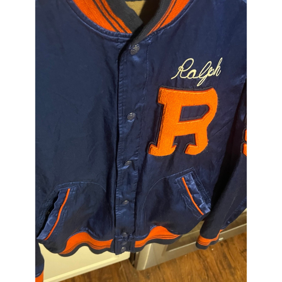 Polo Ralph Lauren Varsity Bomber Satin Jacket Mens Medium Blue Chenille - Picture 9 of 11